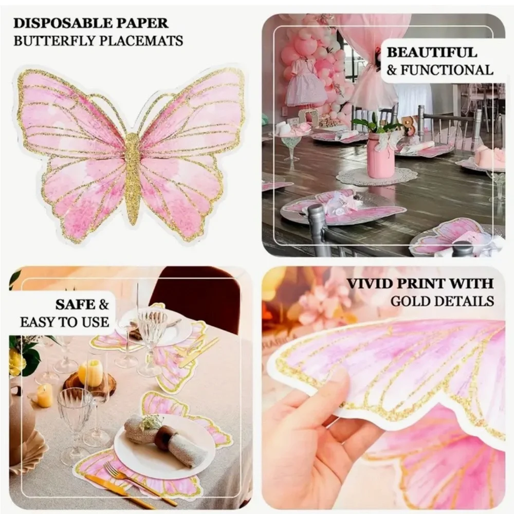 Pink and Gold Butterfly Shaped Disposable Placemats, 12 ct